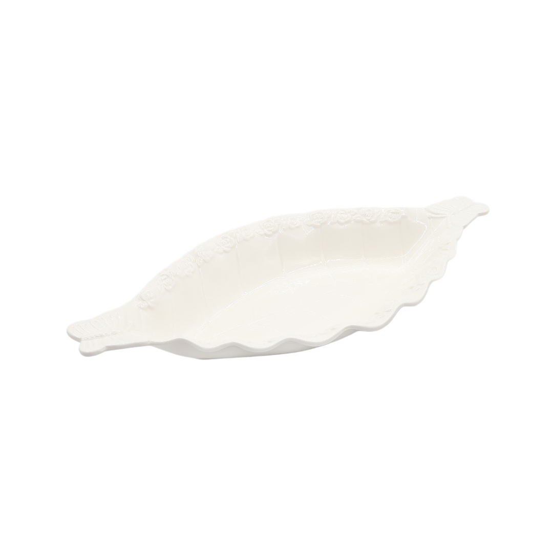 Platou pentru servire adânc M26-236, ceramică, relief botanic, alb, 36 x 16 x 4.8 cm