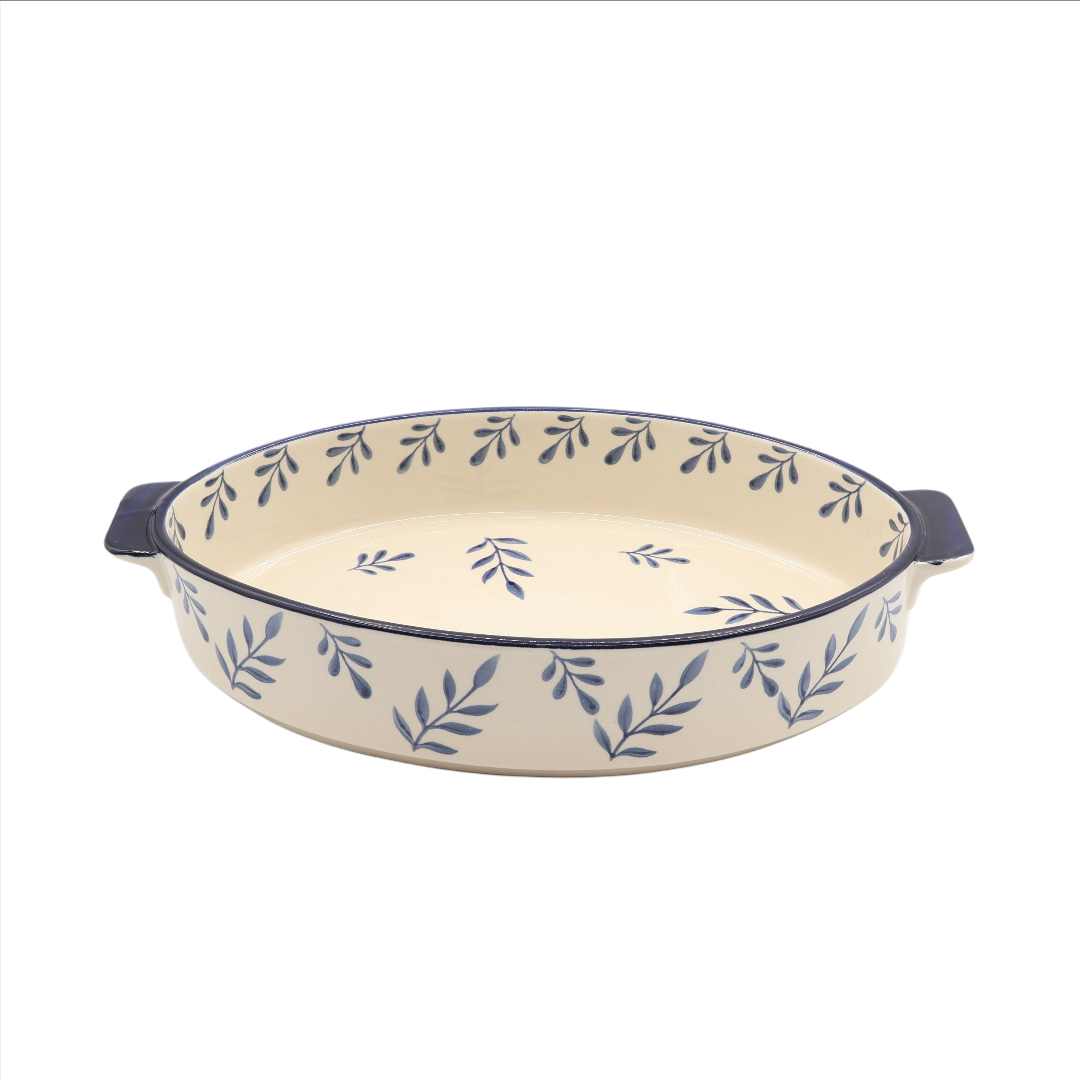 Tavă pentru copt M26-183, ceramică, imprimeu frunze albastre, oval, 1600 ml, 33.5 x 21 x 6 cm