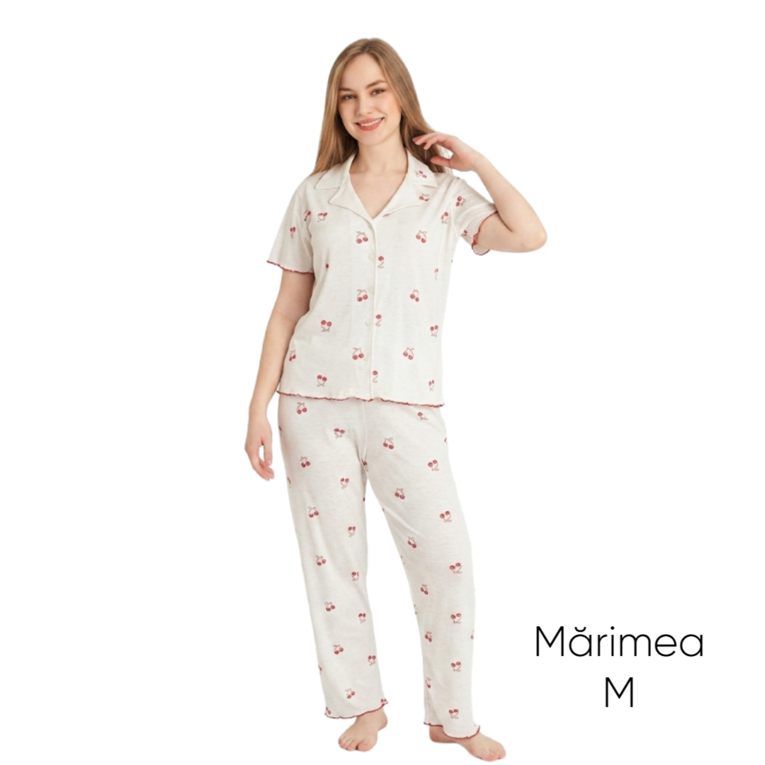 Pijama pentru dame Mirano, maiou cu pantaloni, 1708, albă cu cireșe, M-L-XL - M
