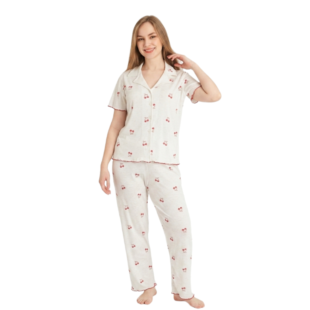Pijama pentru dame Mirano, maiou cu pantaloni, 1708, albă cu cireșe, M-L-XL