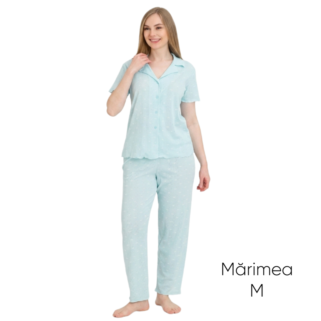 Pijama pentru dame Mirano, maiou cu pantaloni, 1706, mint cu fundițe, M-L-XL - M