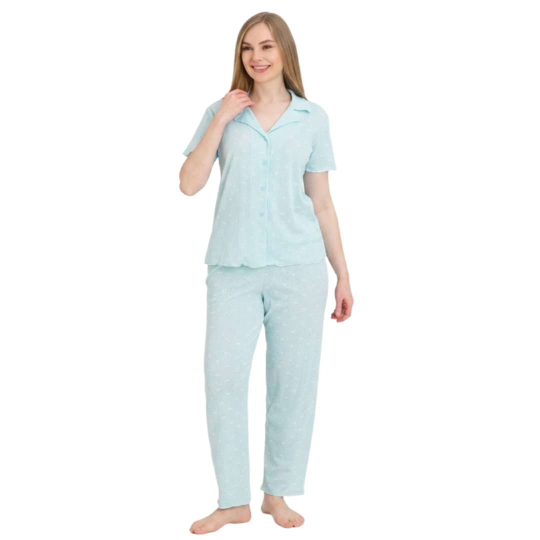 Pijama pentru dame Mirano, maiou cu pantaloni, 1706, mint cu fundițe, M-L-XL