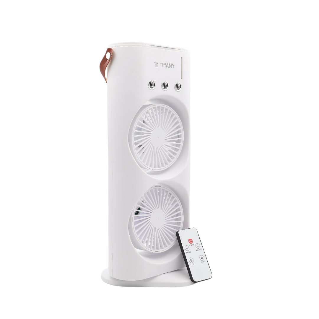 Ventilator de masă electric cu vapori 3 in 1 Tiffany TF-22, alb, cu doua ventilatoare, telecomandă, 3 duze de pulverizare mâner de transportare