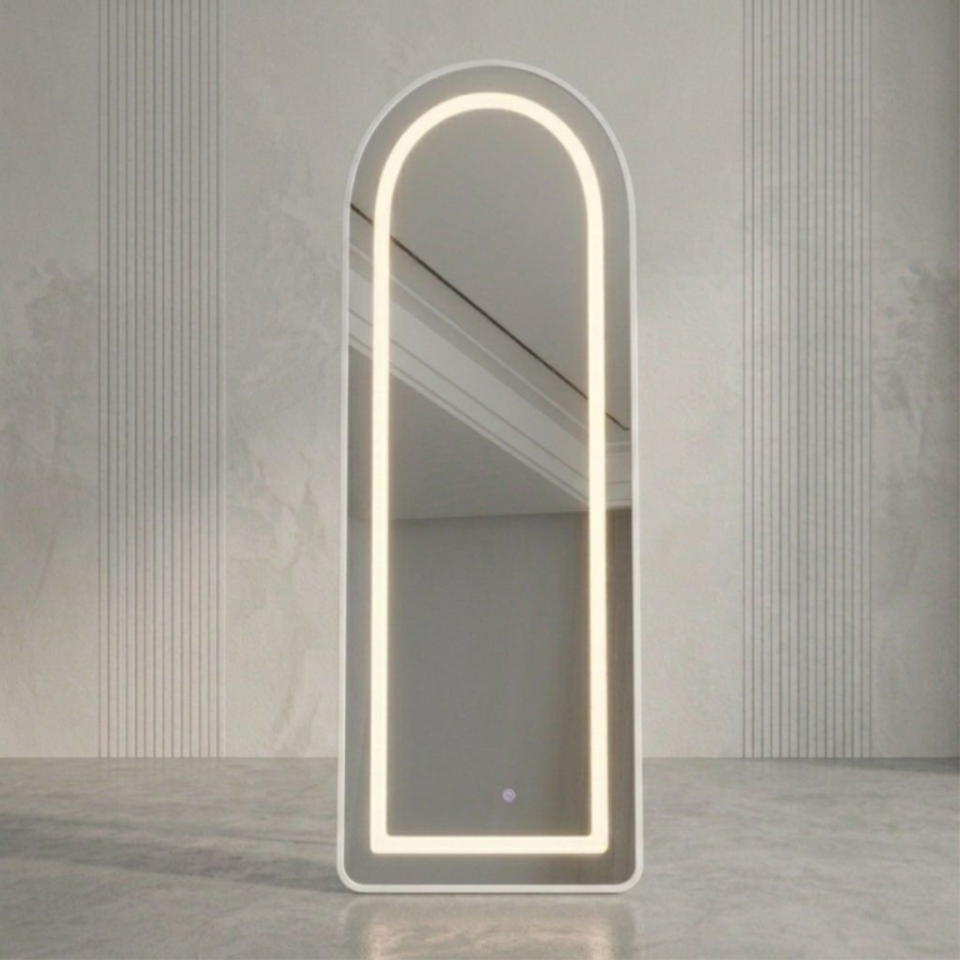 Oglindă cu iluminare LED, M24-185, rotungită, 150 x 40 cm, pe picior și pe perete - Alb