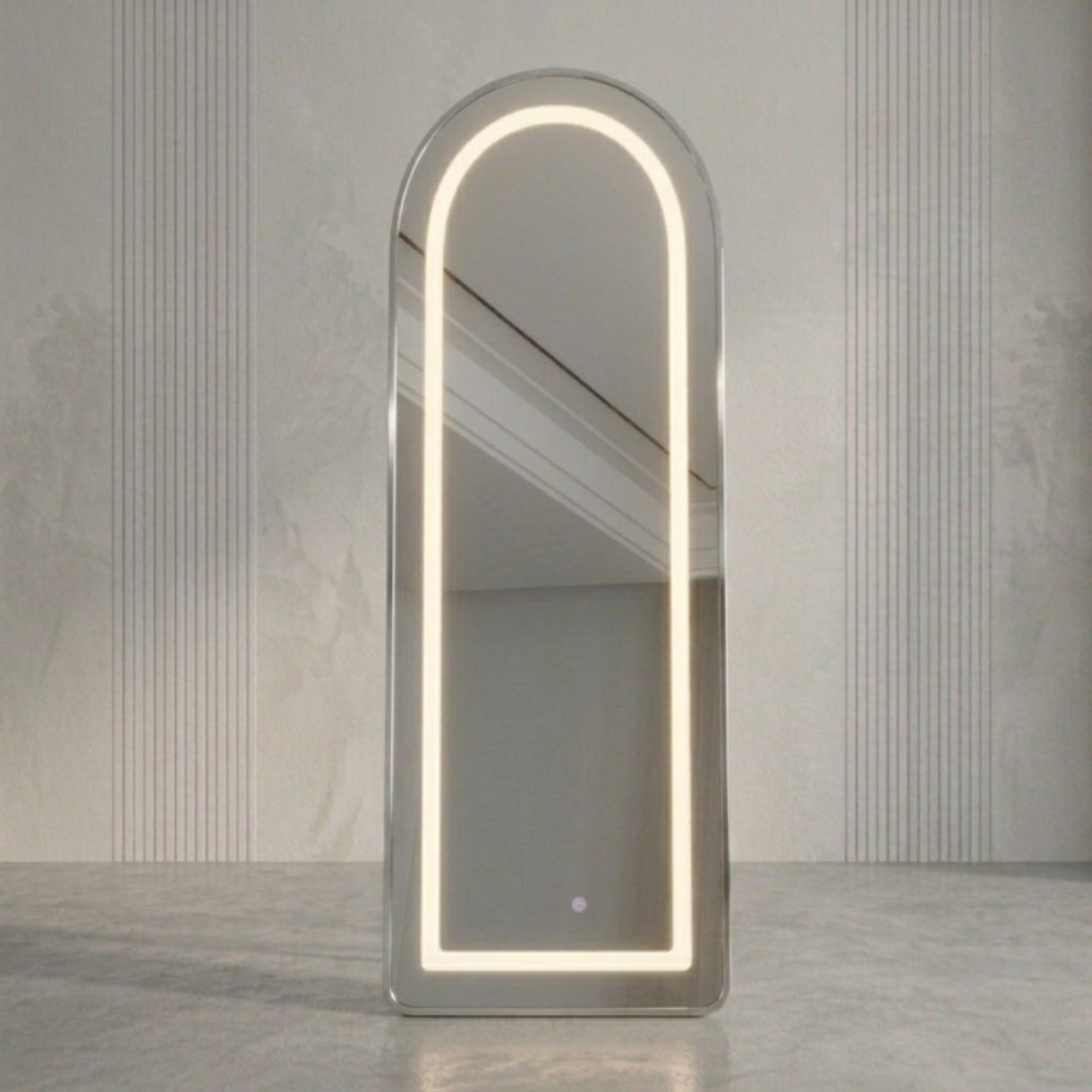 Oglindă cu iluminare LED, M24-185, rotungită, 150 x 40 cm, pe picior și pe perete - Argintiu