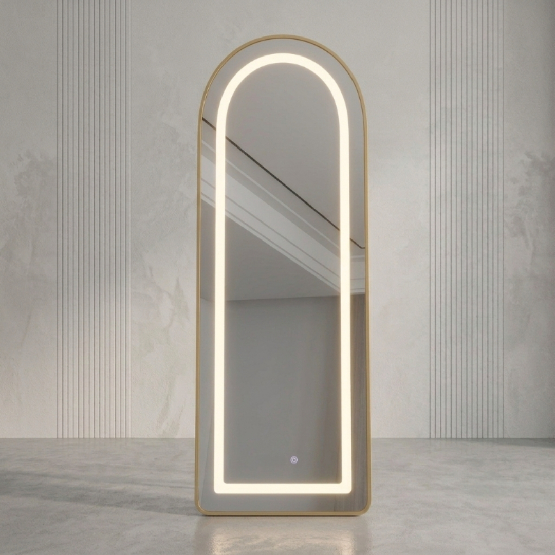 Oglindă cu iluminare LED, M24-185, rotungită, 150 x 40 cm, pe picior și pe perete