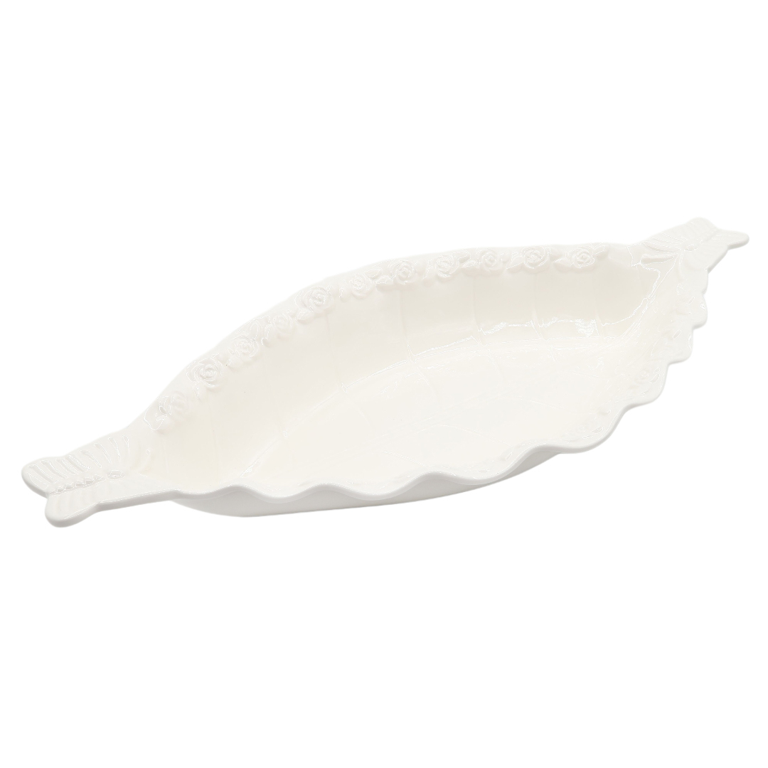 Platou pentru servire adânc M26-238, ceramică, relief botanic, alb, 45.5 x 20.5 x 6.1 cm