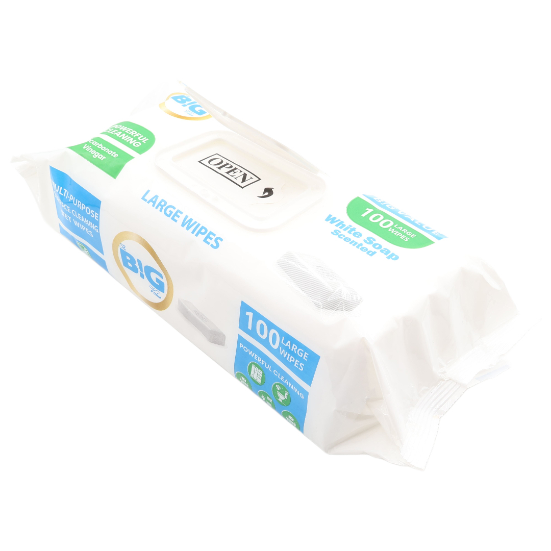 Șervețele umede BIG, Săpun Alb, 100 buc, pentru suprafețe, cu capac - thumbs image 2