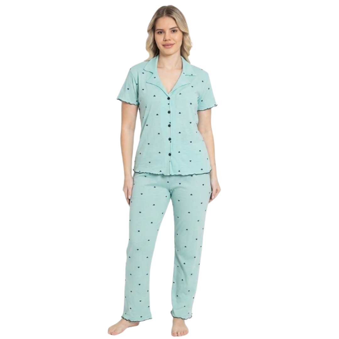 Pijama pentru dame Mirano, maiou cu pantaloni, 1712, mint cu inimioare negre, M-L-XL