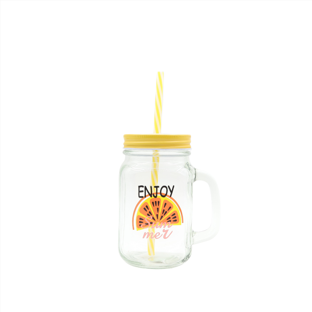 Pahar pentru limonadă cu pai M27-177, sticlă, 450 ml, imprimeu citrus