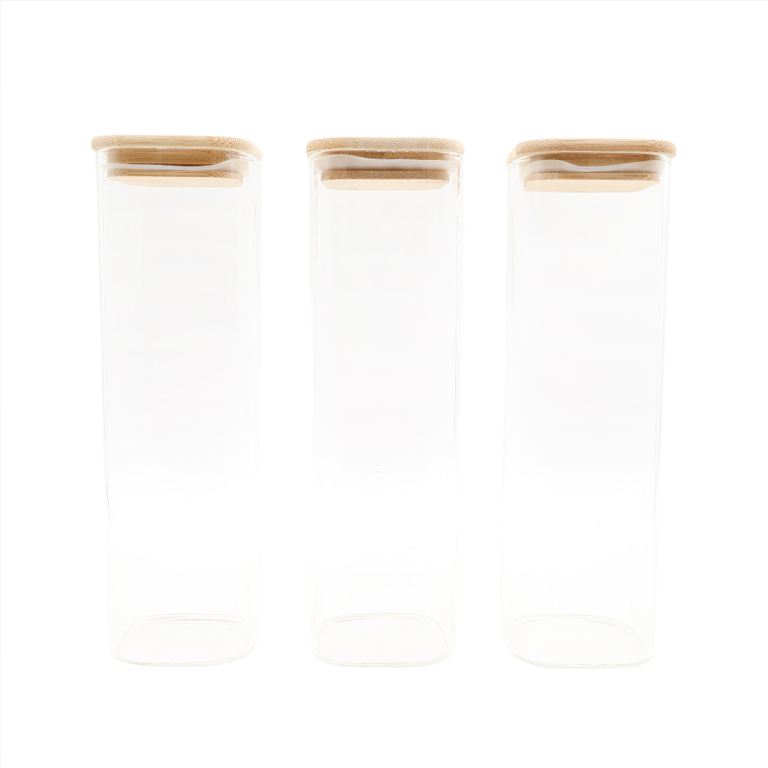 Set 3 recipiente pentru condimente DELI Glass, M27-186, sticlă cu capac de bambus 570 ml,  6 x 6 x 20.4 cm