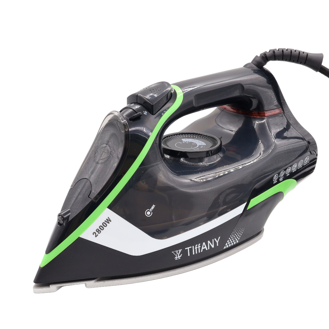 Fier de călcat Tiffany TF-2312, negru, plastic si oțel inoxibil cu strat nano-ceramic, cu buzunar pentru nastrure, acoperire antiaderentă, 2800 W, 220-240 V