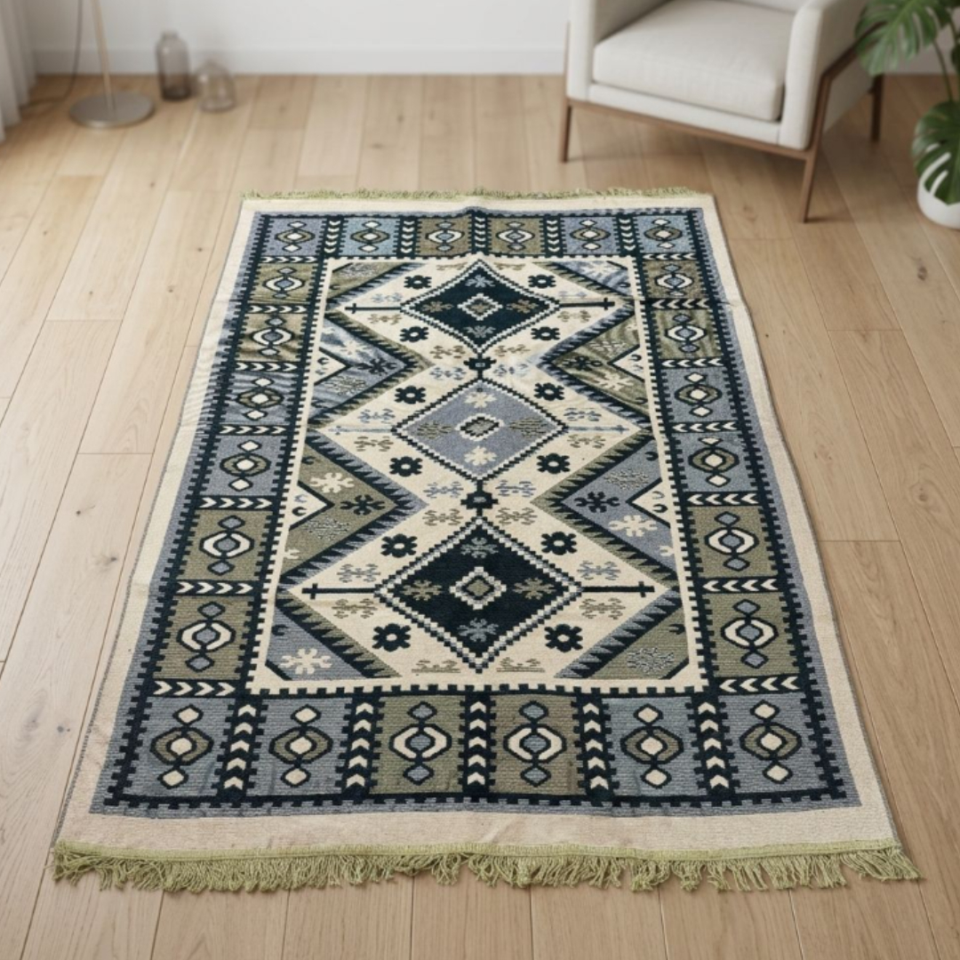 Covor tradițional Iuta, 120 x 180 cm, Antik Kilim, bumbac și poliester, verde și roșu - Verde