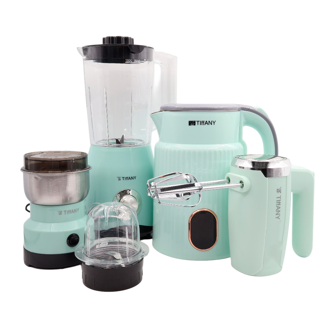 Set ustensile electrice de buccătărie 4 in 1 Tiffany TF-777, Turcoaz deschis, Blender multifuncțional, Râșniță, Mixer de mână, Fierbător de apă