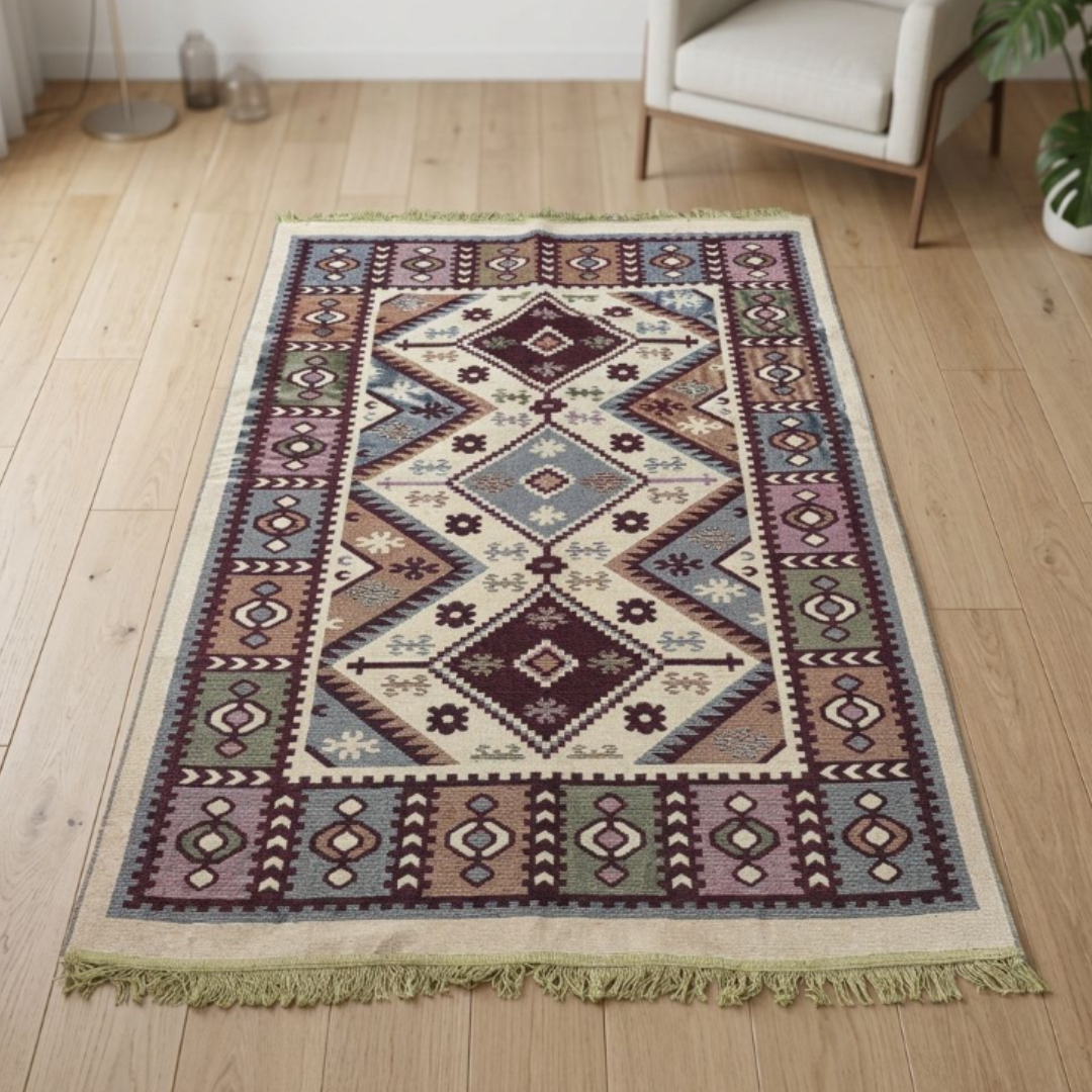 Covor tradițional Iuta, 120 x 180 cm, Antik Kilim, bumbac și poliester, verde și roșu