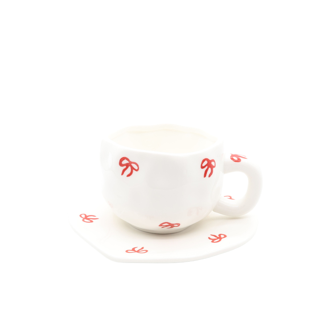 Ceașcă cu farfurie, M20-194-3, ceramică, imprimeu fundițe, 300 ml