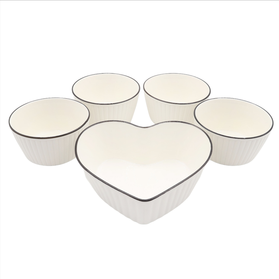 Set 5 boluri M26-220, ceramică, alb, 11.5 x 6 cm, inimă 17 x 13,5 x 6 cm
