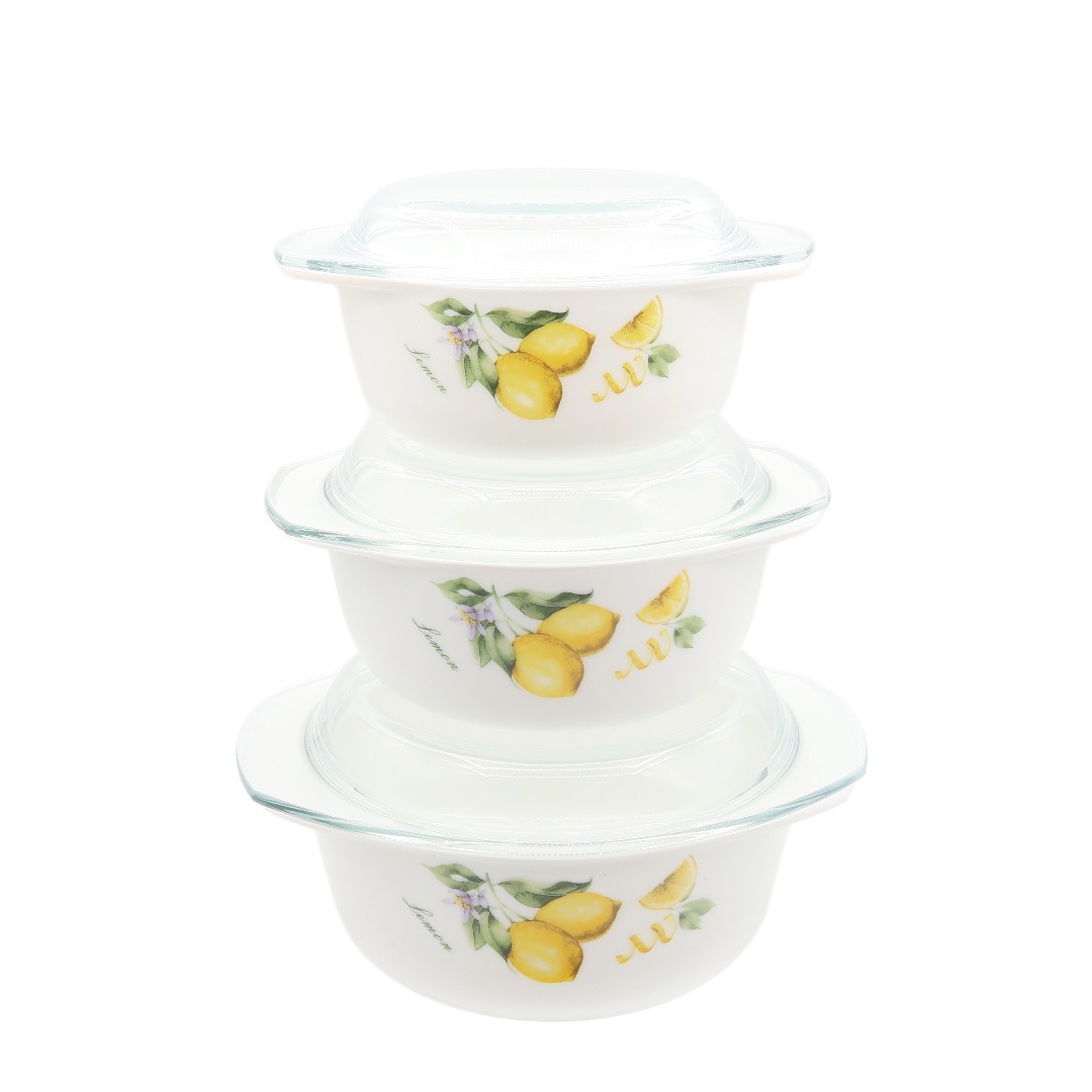 Set containere Gupan M21-19, 3 buc, sticlă opal, alb, imprimeu lămâie