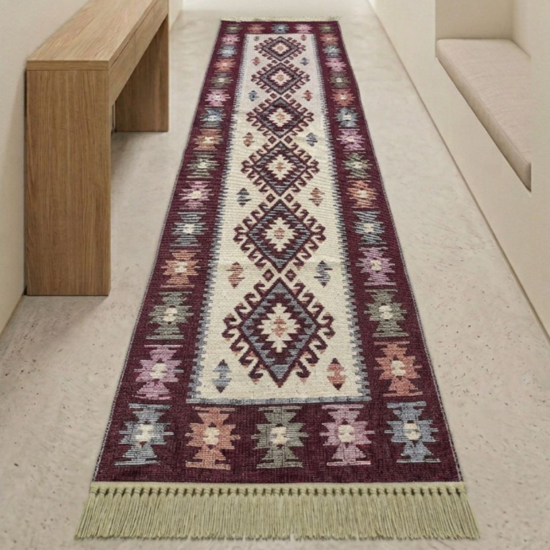 Covor tradițional Iuta, 60 x 200 cm, Antik Kilim, bumbac și poliester, verde și roșu - Roşu