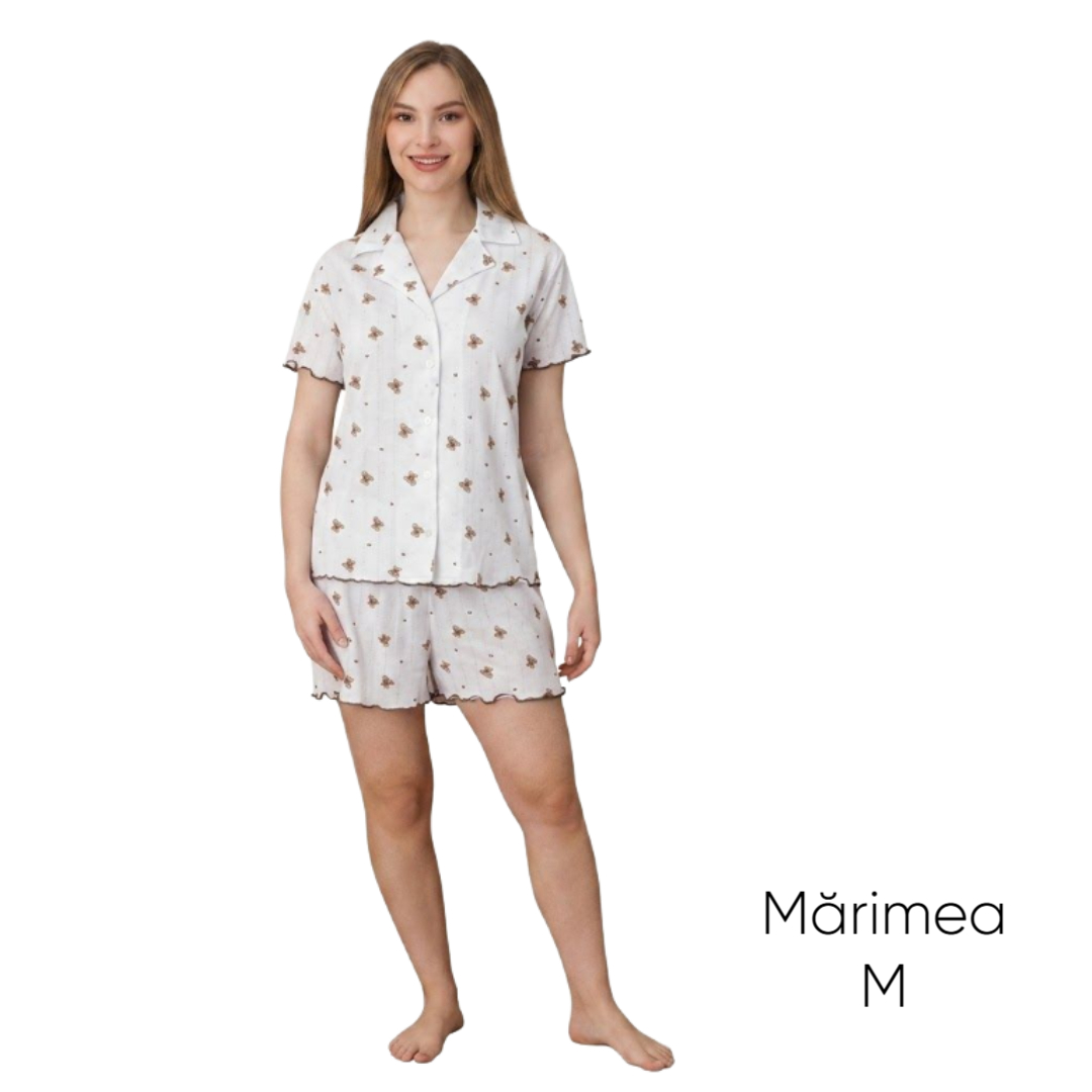 Pijama pentru dame Mirano, maiou cu șorți, 1801, alb cu ursuleț, M-L-XL - M