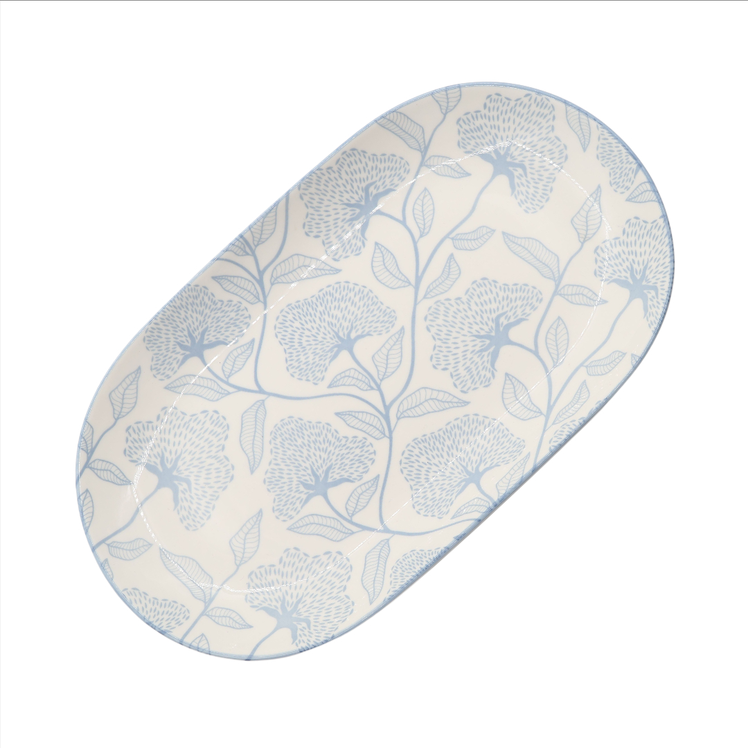 Platou de servire Gupan M26-149, ceramică, imprimeu floral albastru, oval, 32.5 x 18.5 cm