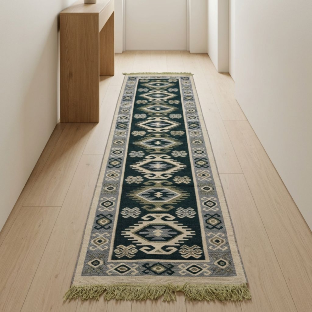 Covor tradițional Iuta, 60 x 200 cm, Antik Kilim, bumbac și poliester, verde și roșu