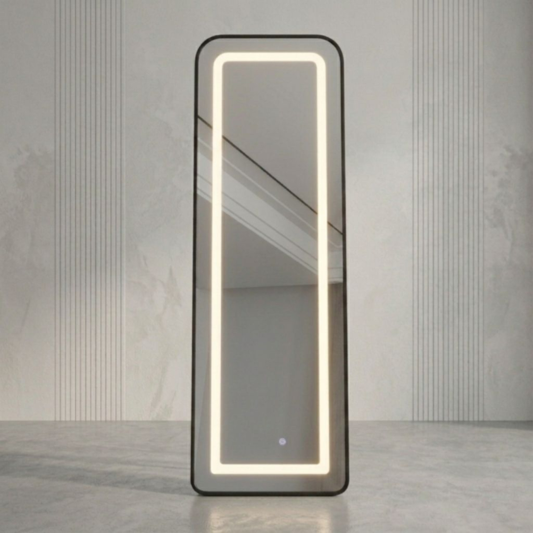 Oglindă cu iluminare LED, M24-187, pătrată, 150 x 40 cm, pe picior și pe perete - Negru