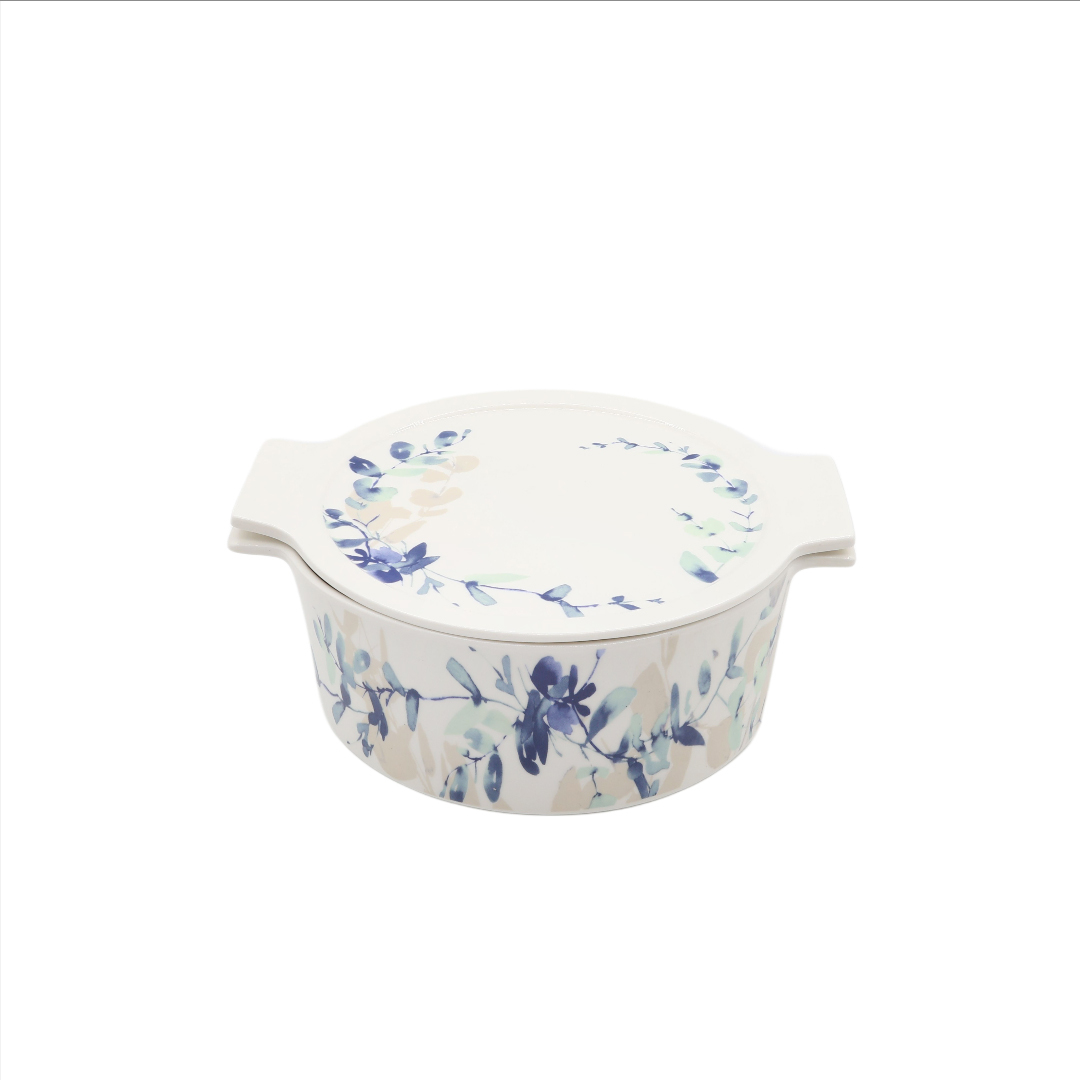 Tavă pentru copt M26-191, cu capac, ceramică, imprimeu frunze, rotundă, 1400 ml, 22 x 19 x 9 cm