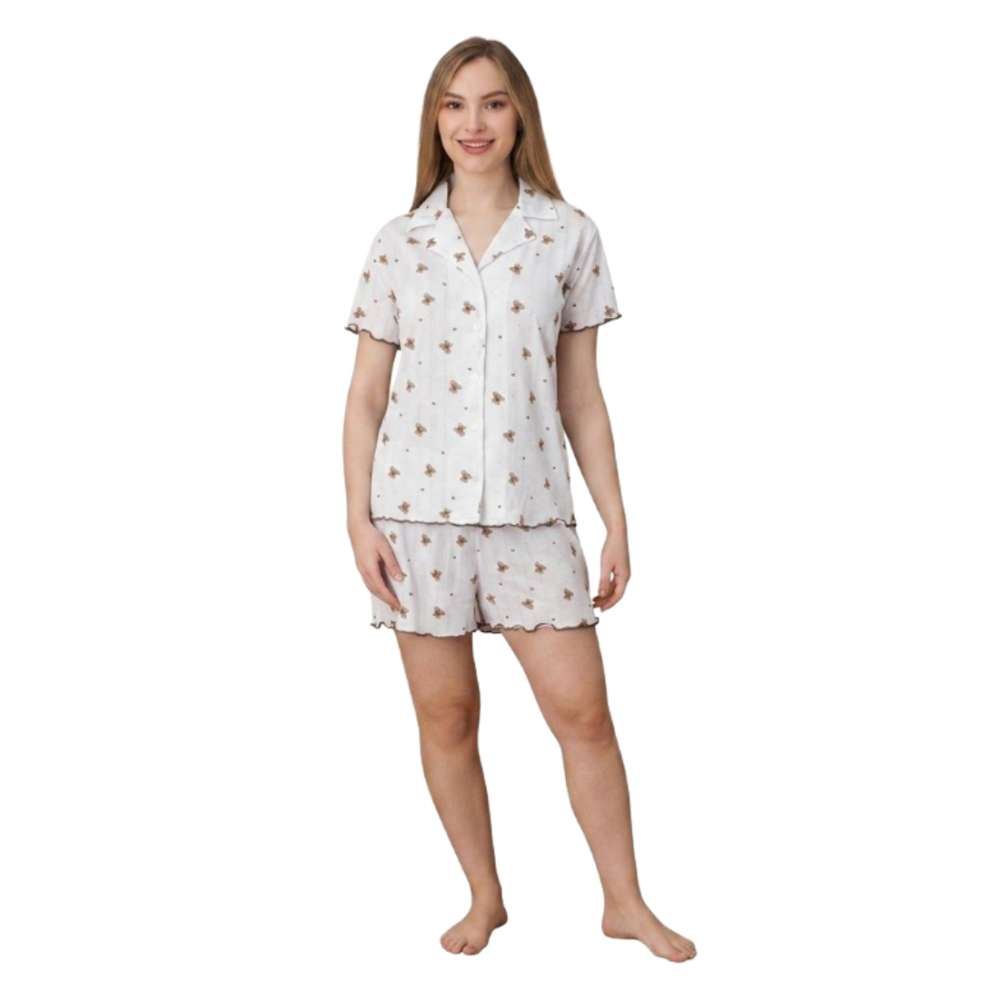 Pijama pentru dame Mirano, maiou cu șorți, 1801, alb cu ursuleț, M-L-XL