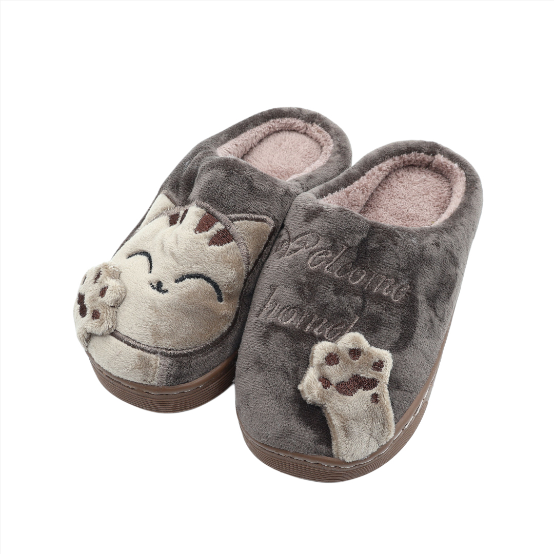 Papuci de cameră copii M26-454, imprimeu pisică, textil pluș, talpa din cauciuc, multicolor, marimea - Maro