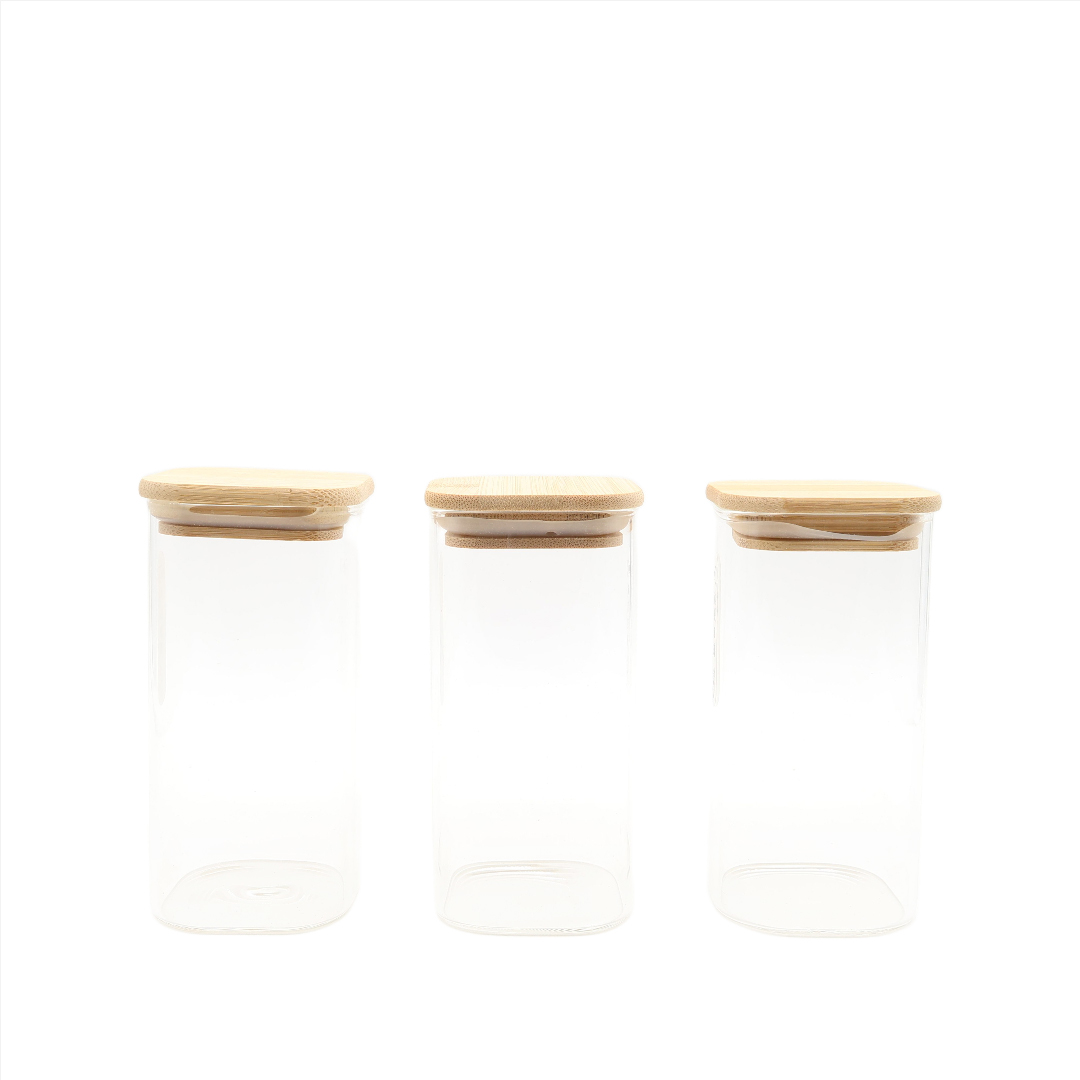 Set 3 recipiente pentru condimente DELI Glass, M27-185, sticlă cu capac de bambus 320 ml,  6 x 6 x 12.4 cm