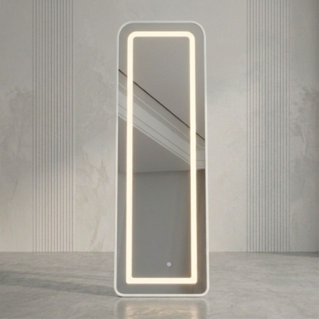 Oglindă cu iluminare LED, M24-187, pătrată, 150 x 40 cm, pe picior și pe perete - Alb
