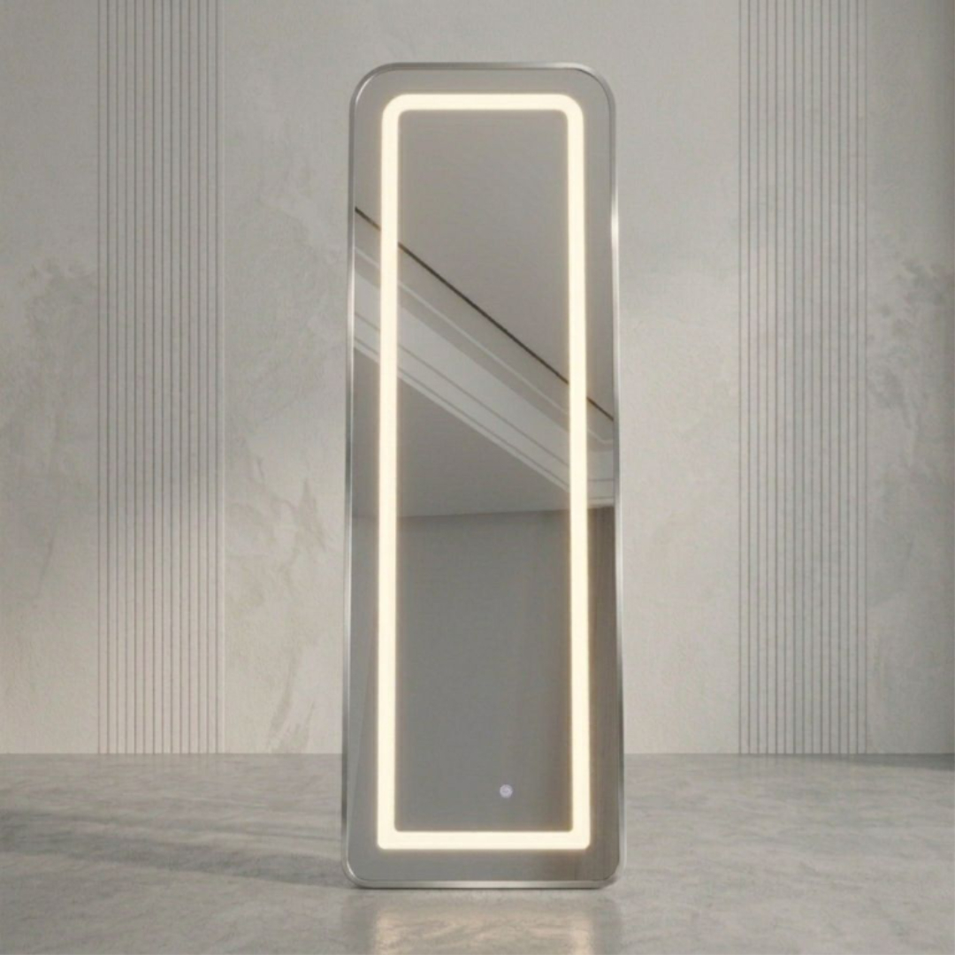 Oglindă cu iluminare LED, M24-187, pătrată, 150 x 40 cm, pe picior și pe perete - Argintiu