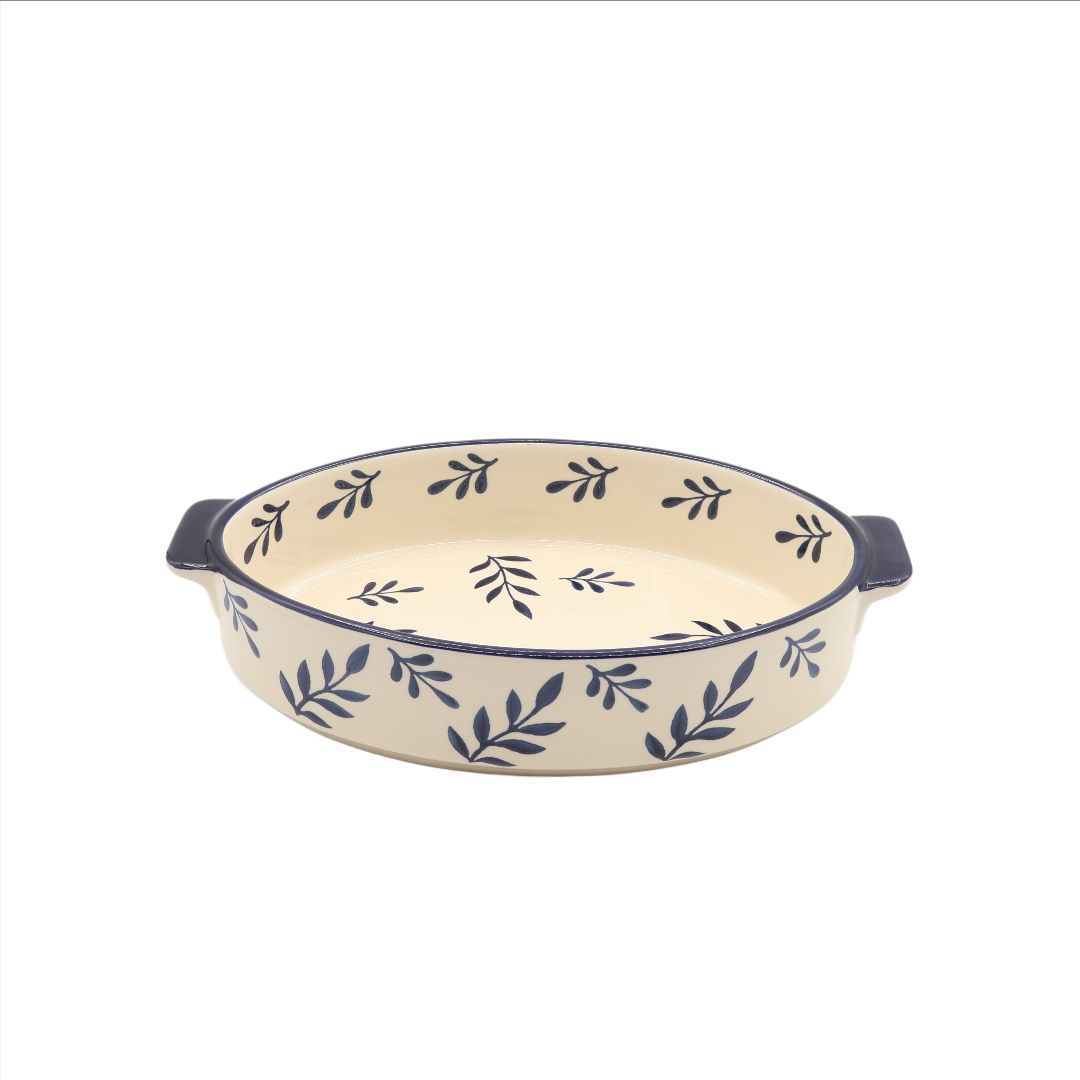Tavă pentru copt M26-182, ceramică, imprimeu frunze albastre, oval, 1000 ml, 28.5 x 18 x 6 cm