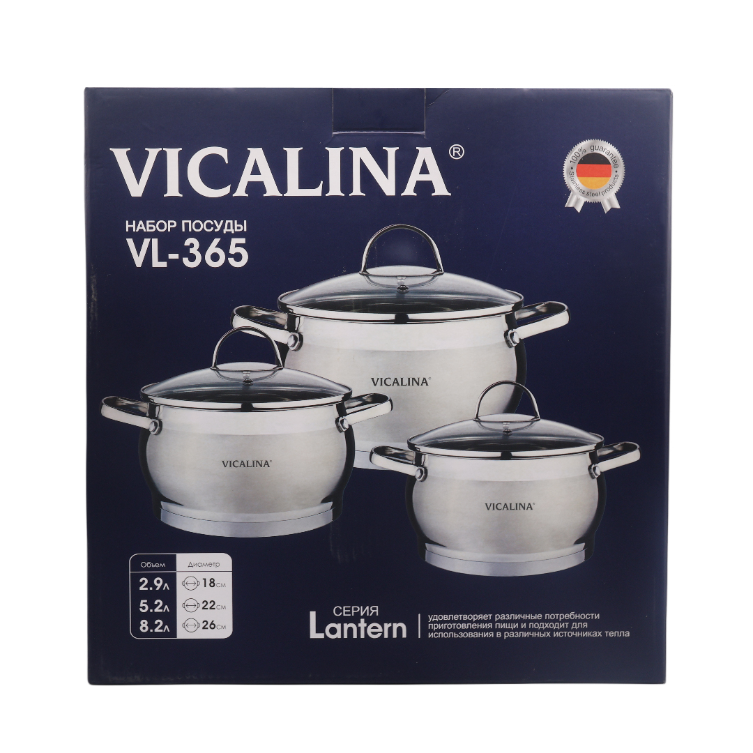 Set din 3 cratițe Vicalina VL-365, oțel inoxidabil, cu capac, (18 cm - 2.9 L), (22 cm - 5.2 L), (26 cm - 8.2 L)