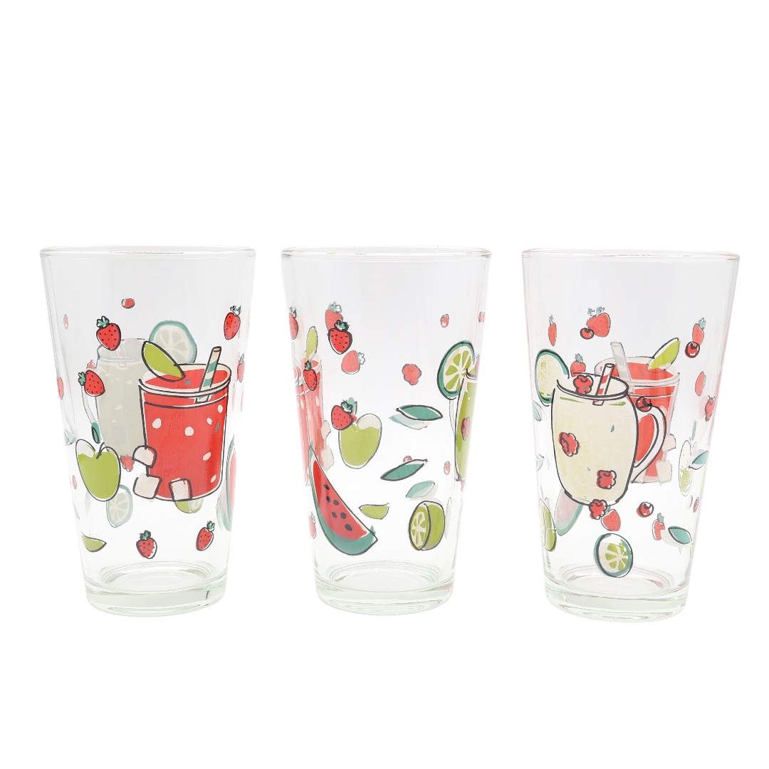 Set din 3 pahare pentru apă M21-338-2, imprimeu cu fructe roșii, sticlă, 500 ml