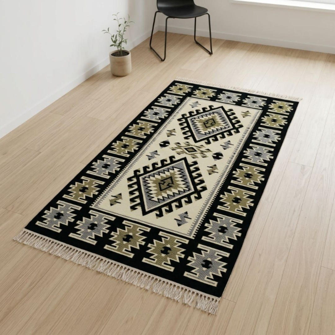 Covor tradițional Iuta, 80 x 150 cm, Antik Kilim, bumbac și poliester, verde și roșu - Verde
