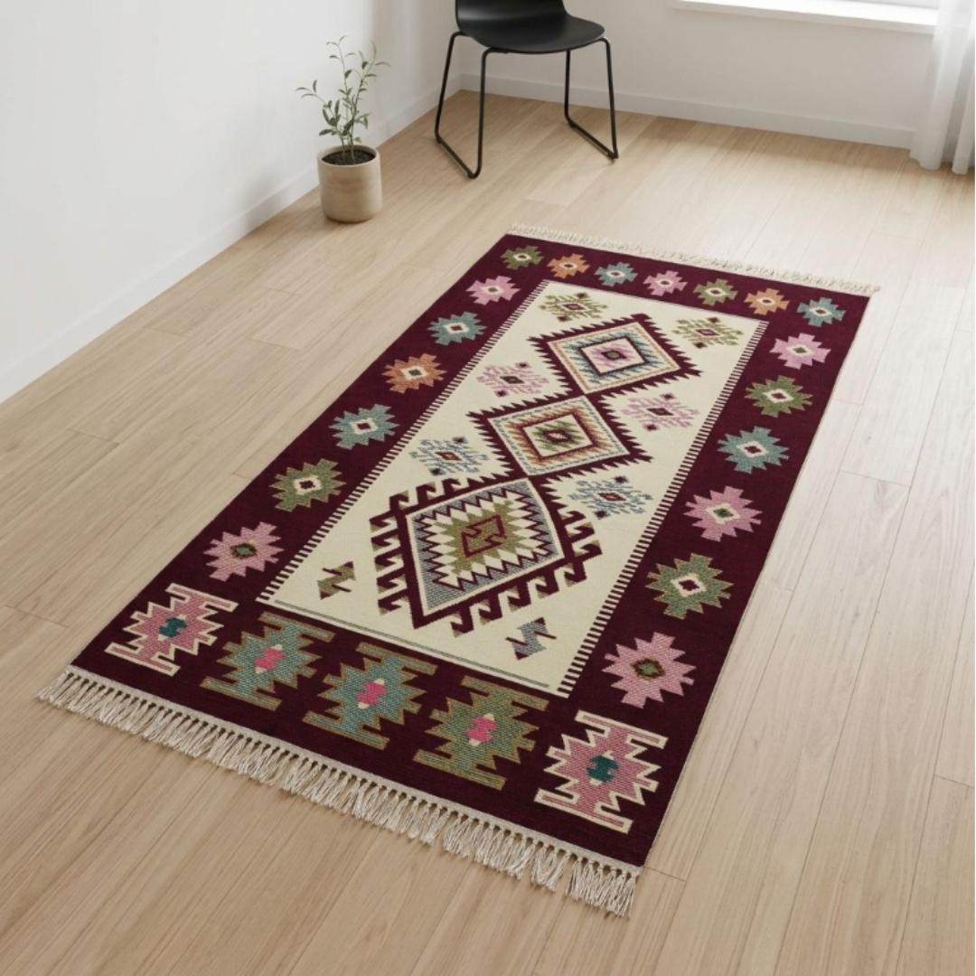 Covor tradițional Iuta, 80 x 150 cm, Antik Kilim, bumbac și poliester, verde și roșu