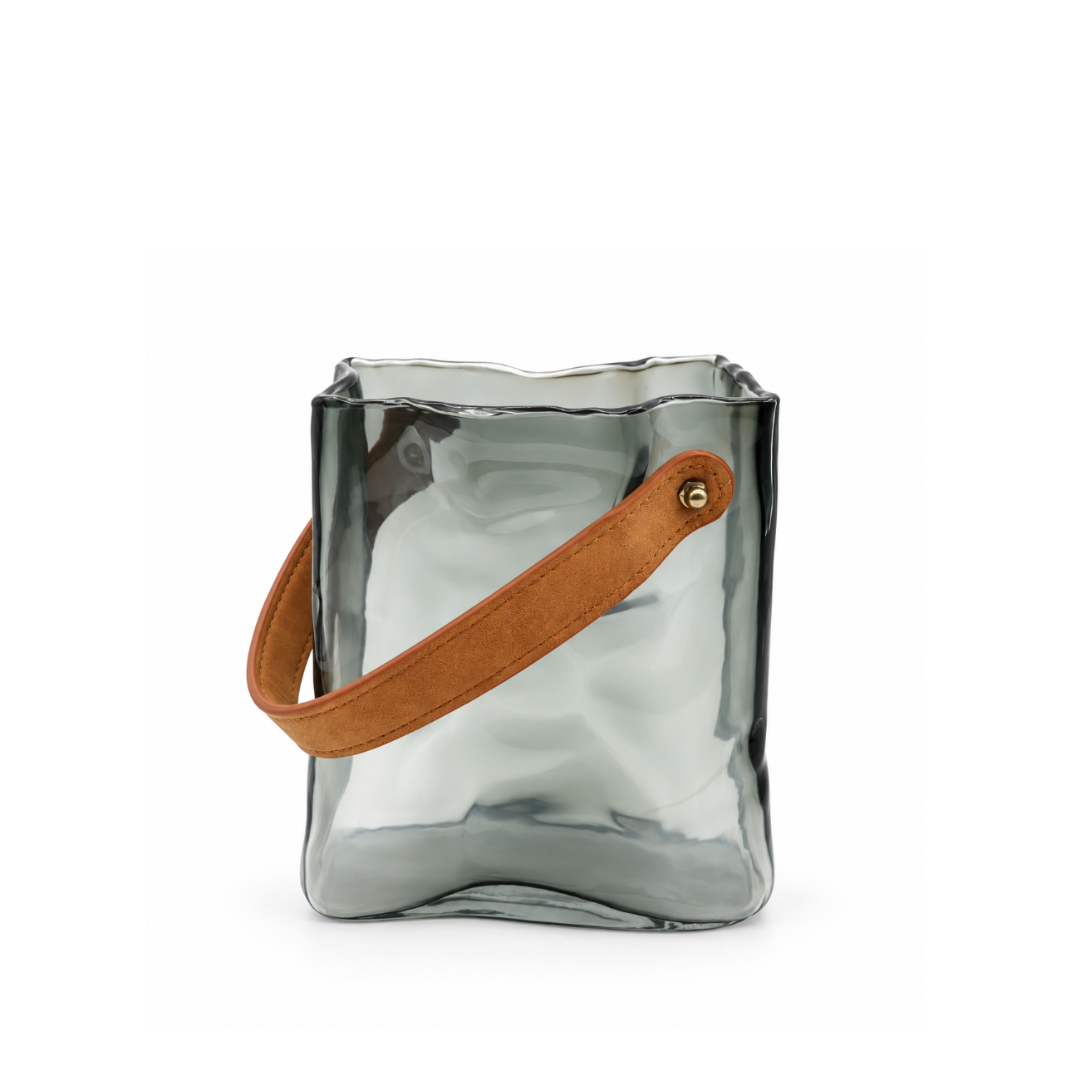 Vază pentru flori M26-173, cu mâner, sticlă, gri, pătrată 15.5 x 9 x 17 cm