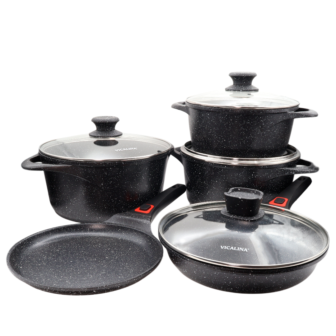 Set din 9 piese Vicalina VL-0119, acoperire ceramică, (24cm - 4.6L), (26 cm - 5.9L), (28cm - 7.4L), (22cm - 0.55L), (26cm - 2.4L)