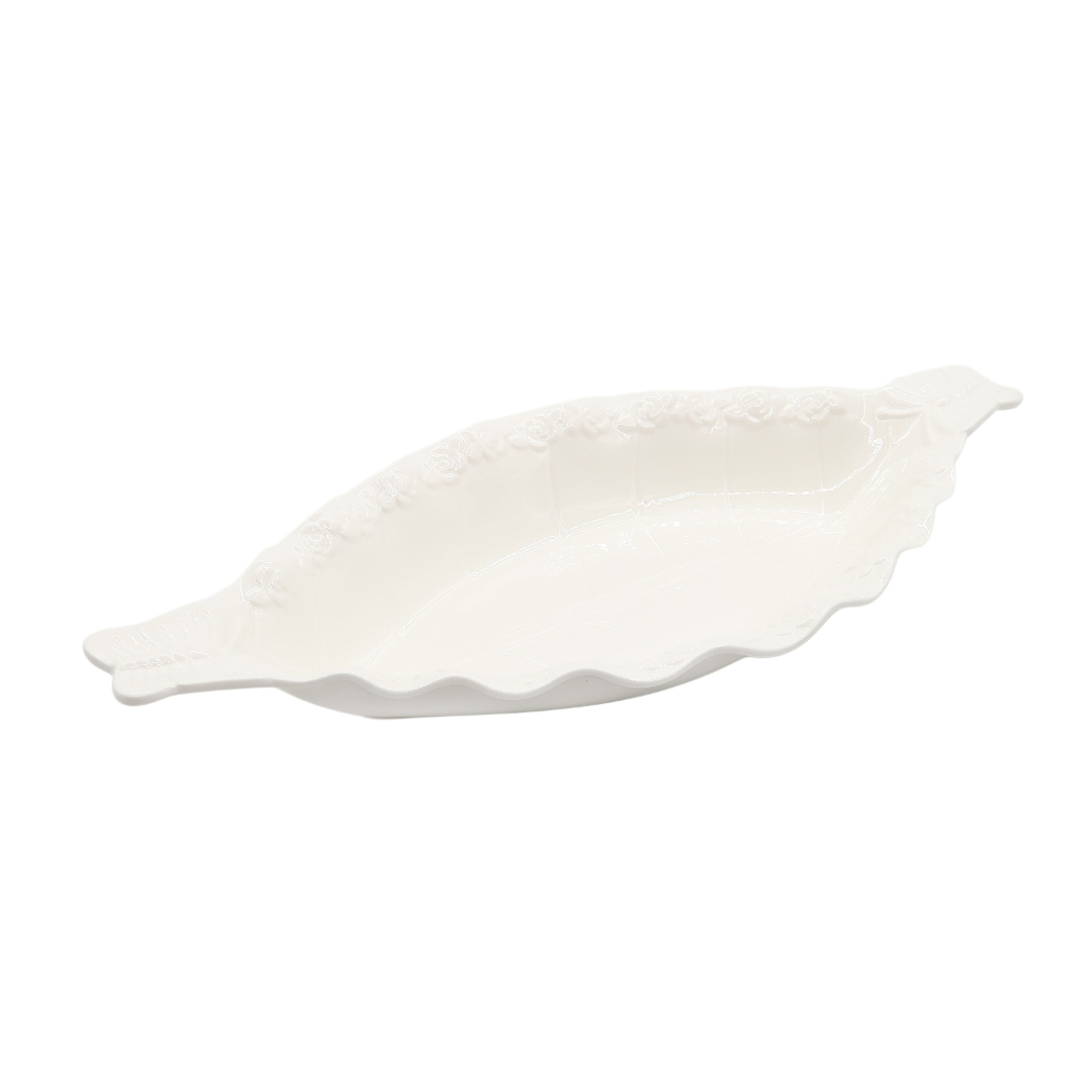 Platou pentru servire adânc M26-237, ceramică, relief botanic, alb, 40.3 x 18 x 5.2 cm