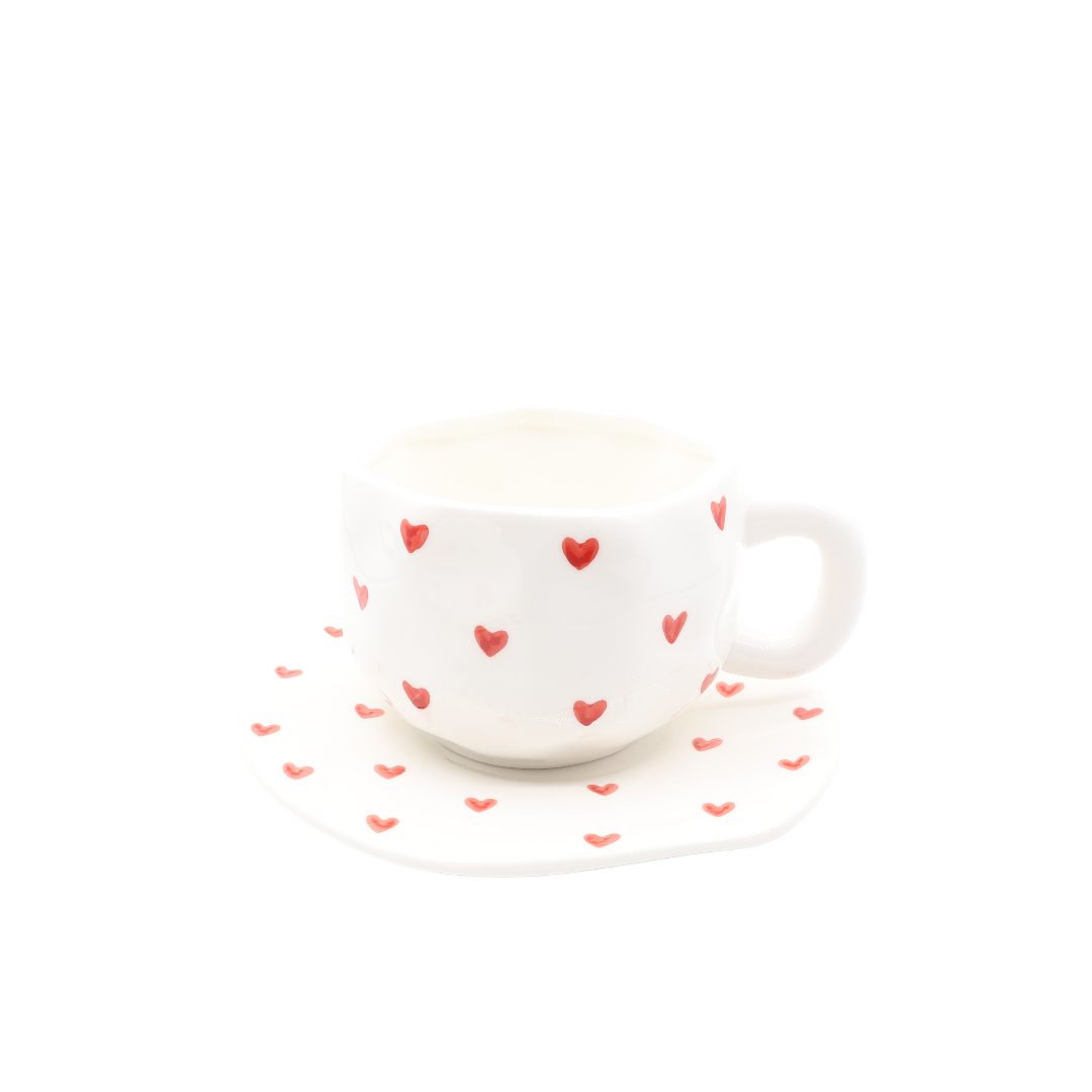 Ceașcă cu farfurie, M20-194-2, ceramică, imprimeu inimi, 300 ml