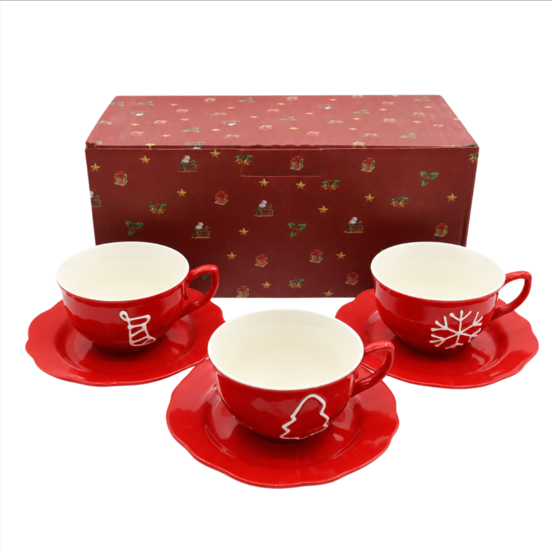 Set 6 cești cu farfurie de Crăciun M21-14, cutie cadou, ceramică, roșu - thumbs image 2