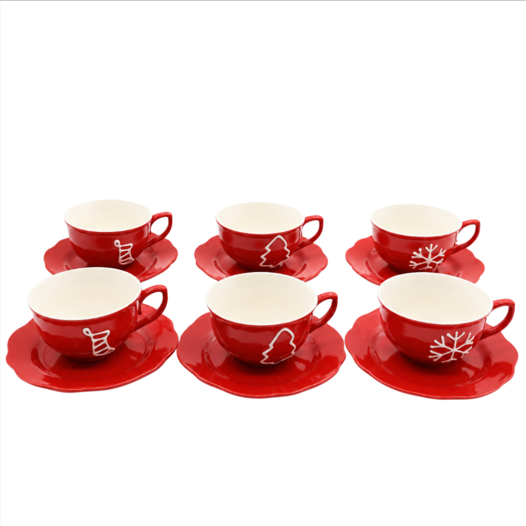 Set 6 cești cu farfurie de Crăciun M21-14, cutie cadou, ceramică, roșu