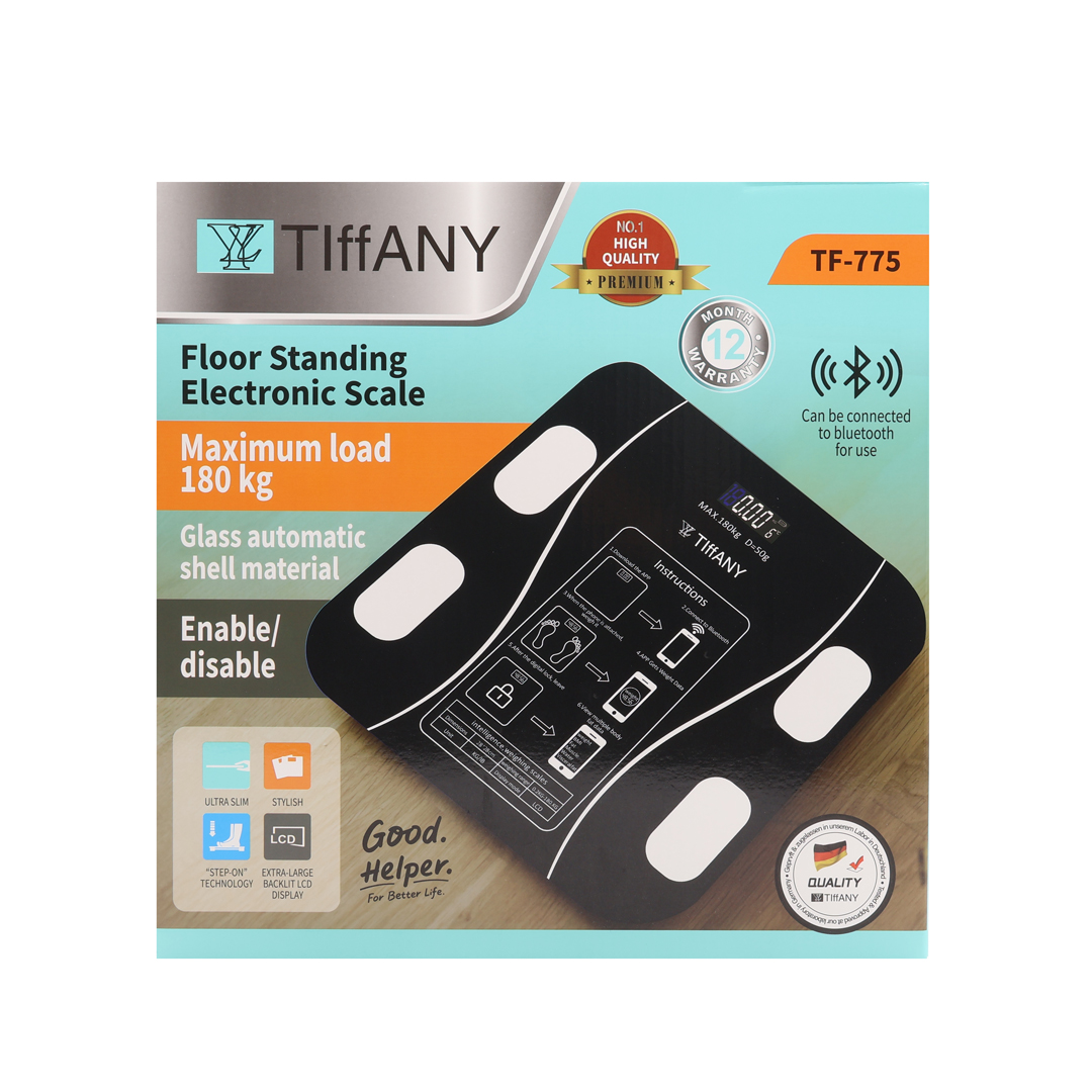 Cântar corporal inteligent cu Bluetooth Tiffany TF-775, sticlă, negru, 26 cm x 26 cm x 2 cm, greutatea maximă 180 kg - thumbs image 2