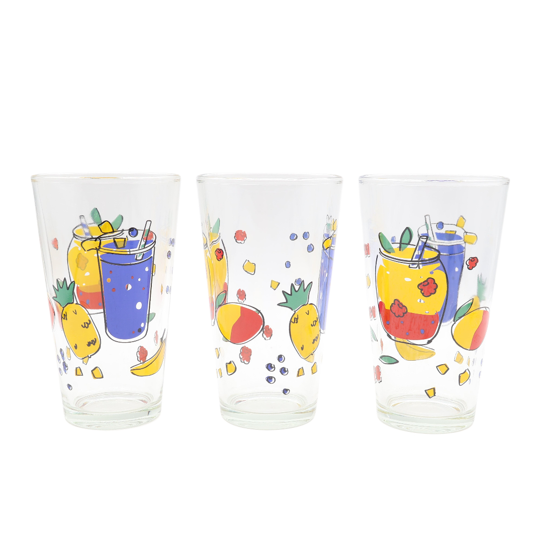Set din 3 pahare pentru apă M21-338-1, imprimeu cu fructe exotice, sticlă, 500 ml