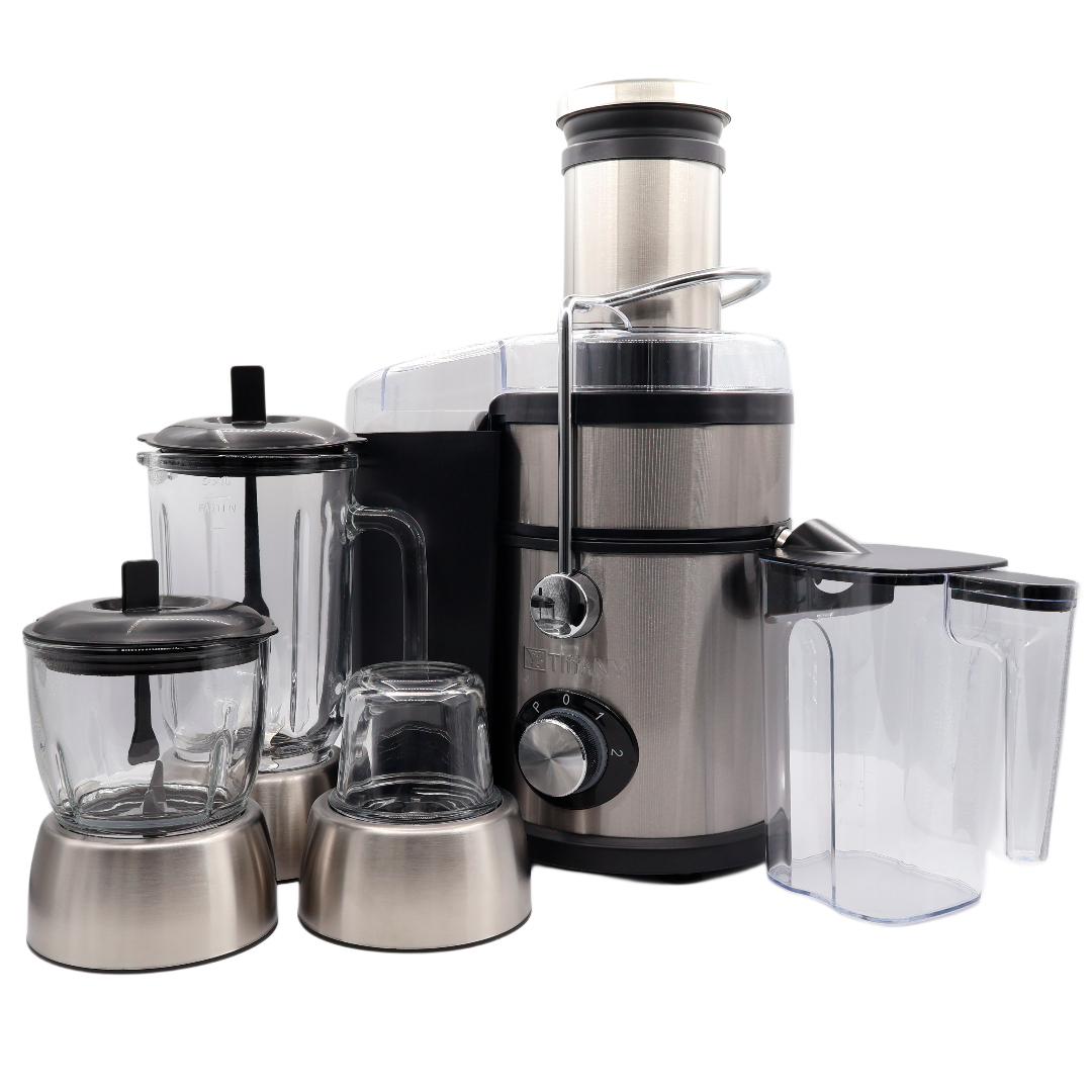 Blender robot multifuncțional 4 în 1 Tiffany, TF-9006, argintiu, plastic și oțel inoxibil, Storcător de suc, Blender, Tocător, Râșniță de cafea, 1800 W