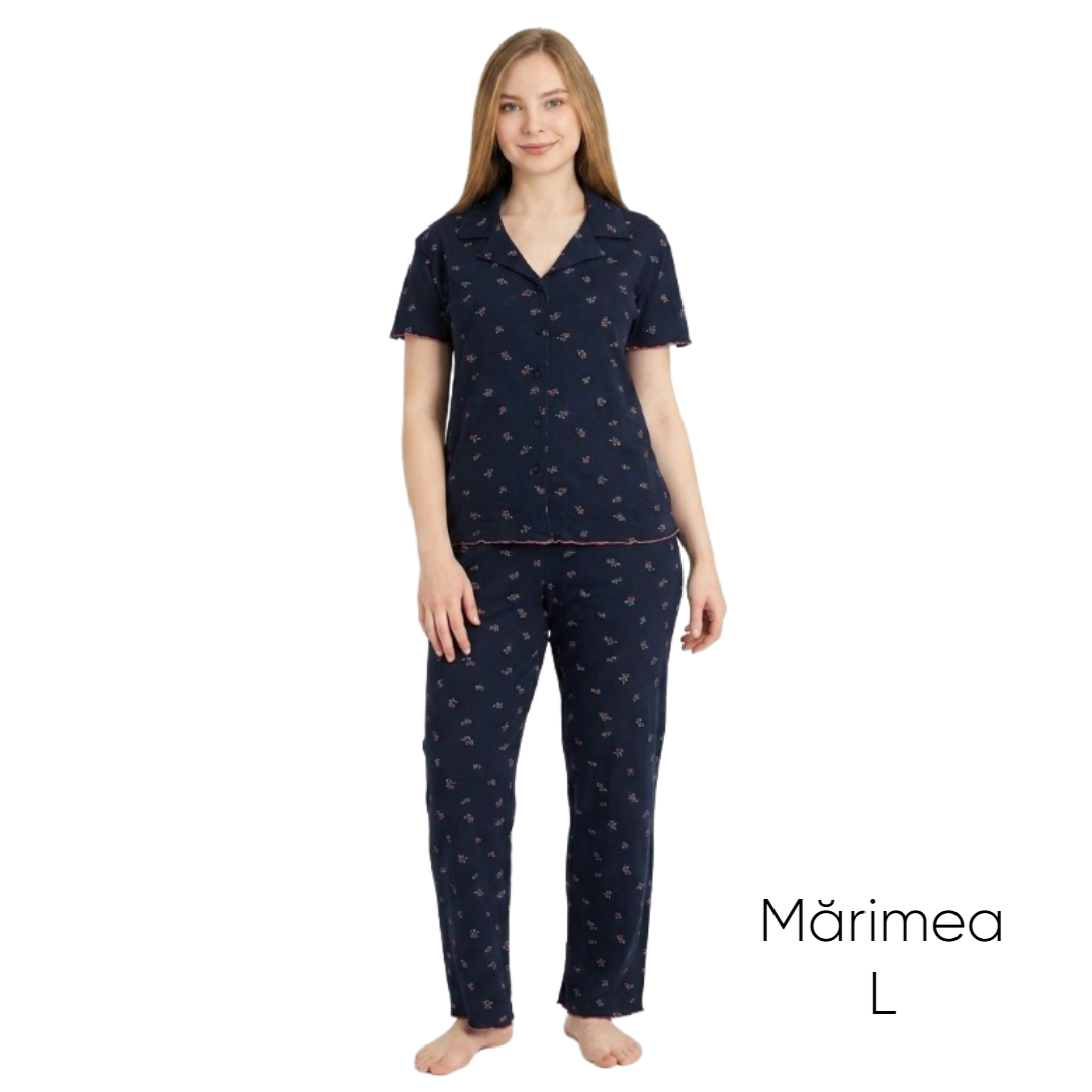 Pijama pentru dame Mirano, maiou cu pantaloni, 1713, negru cu flori roz, M-L-XL - thumbs image 1