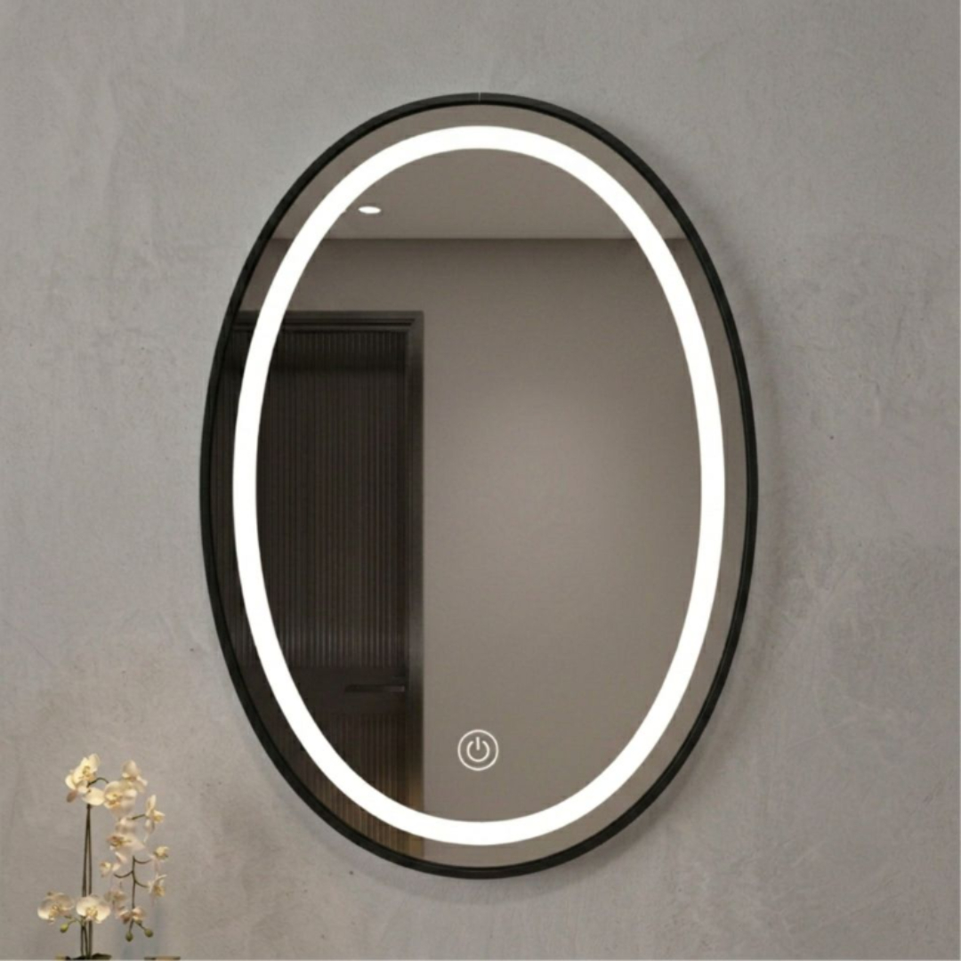Oglindă cu iluminare LED, M24-190, ovală, 60 x 40 cm, pe perete - Negru