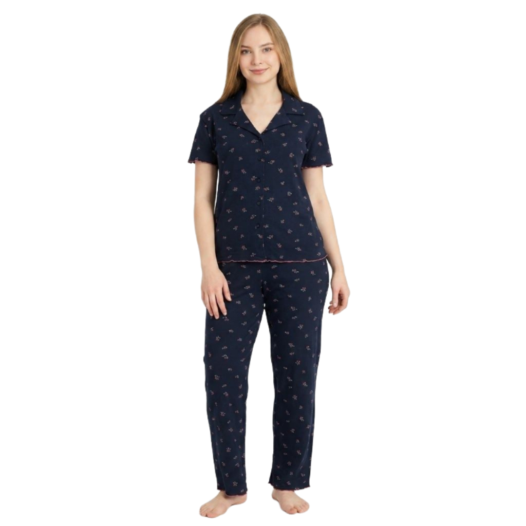 Pijama pentru dame Mirano, maiou cu pantaloni, 1713, negru cu flori roz, M-L-XL